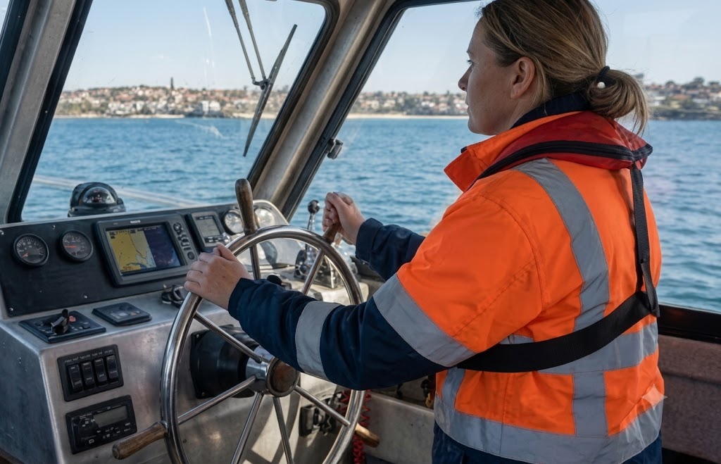 Coxswain at the wheel of a small commercial vessel in near coastal waters