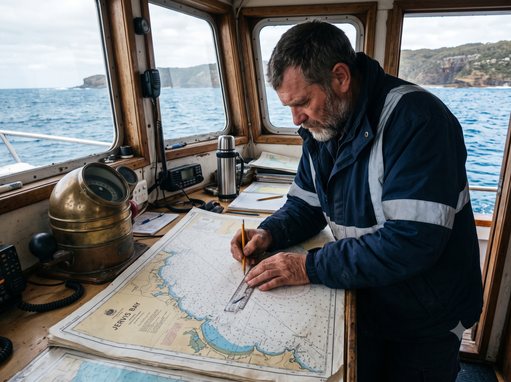 Master plotting a course on a chart aboard a vessel up to 24 metres