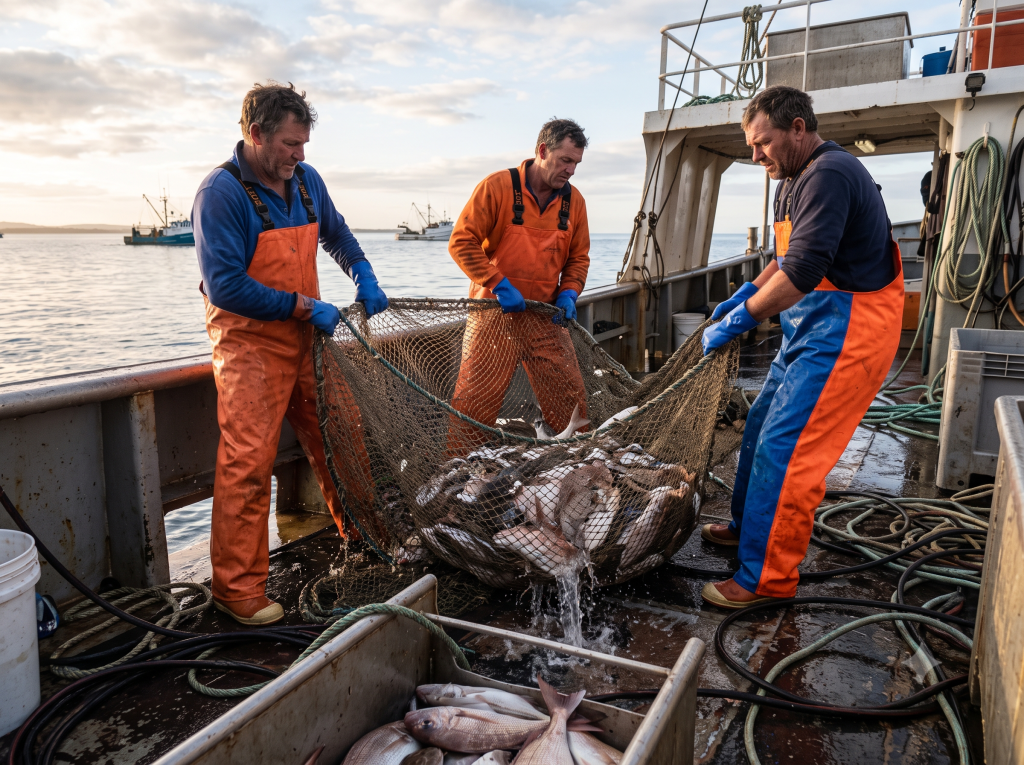 Commercial fishing crew hauling nets on a trawler deck