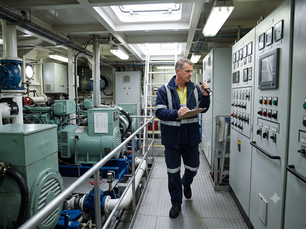 Ferry and passenger vessel engineer in the engine room