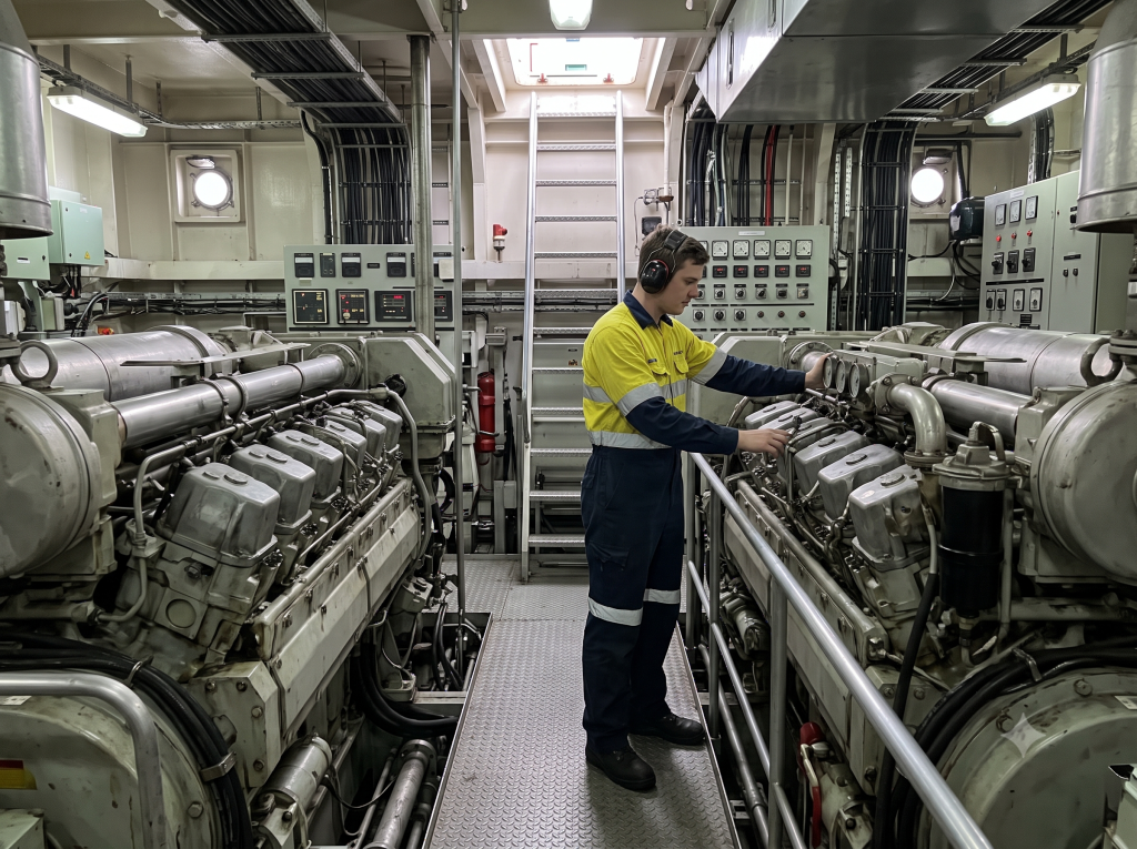 Tug and workboat engineer servicing a marine engine