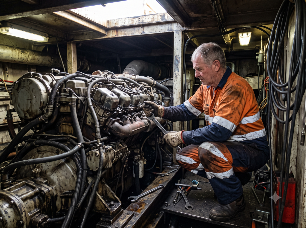 Fishing fleet engineer working in a trawler engine room