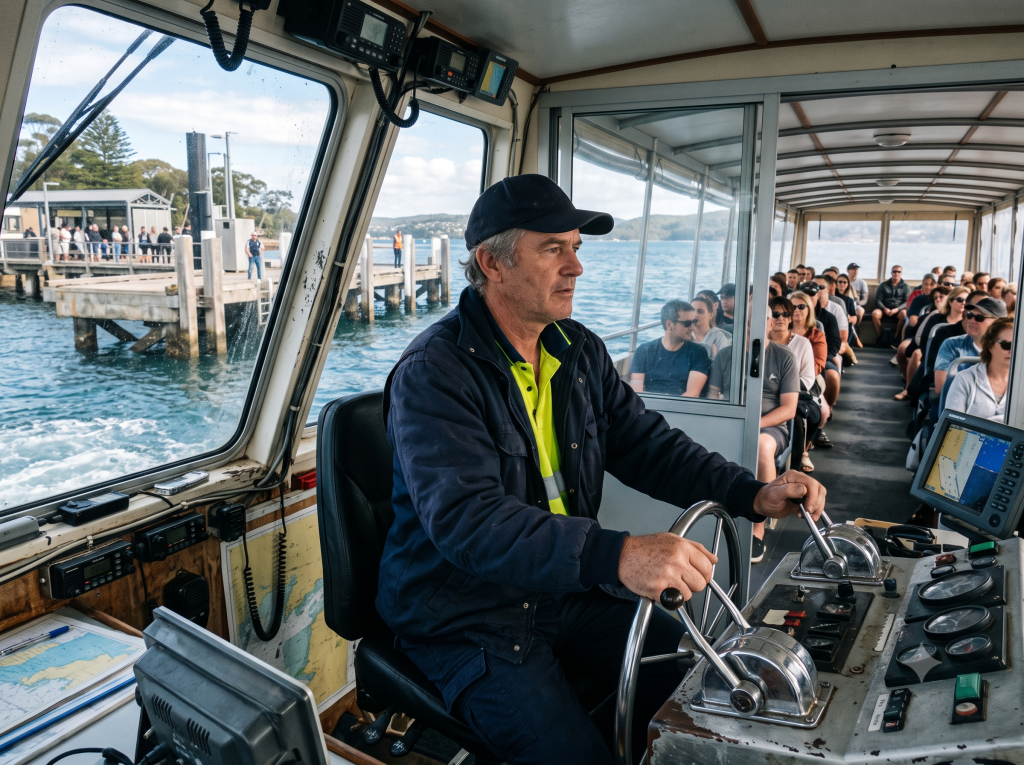 Ferry and water taxi operator at the controls on Sydney Harbour