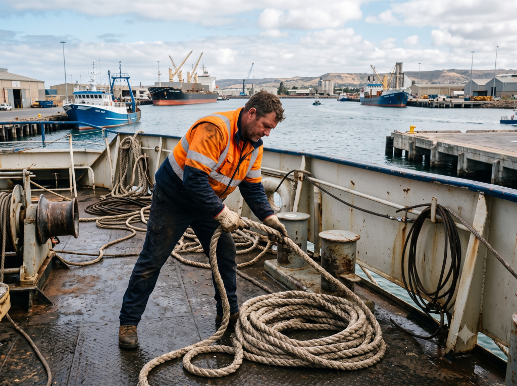 General purpose hand working on the deck of a commercial vessel